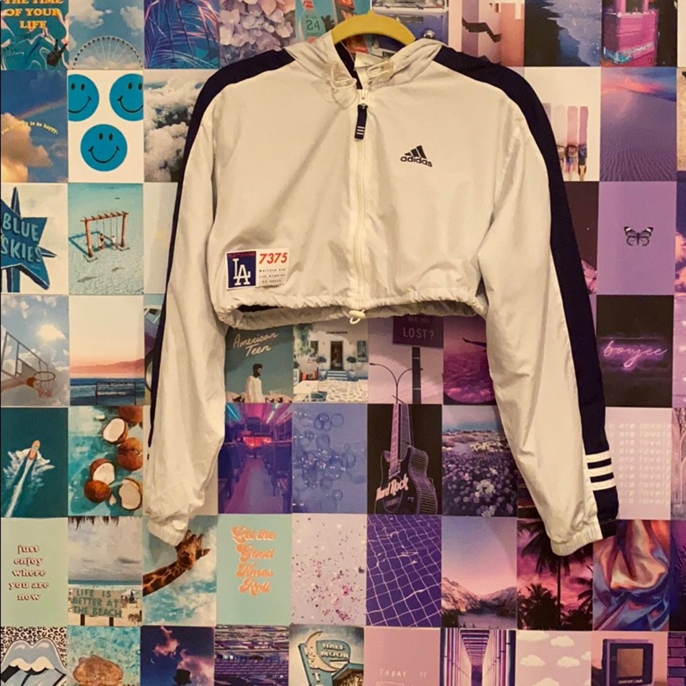 Adidas Blue and White Cropped Windbreaker